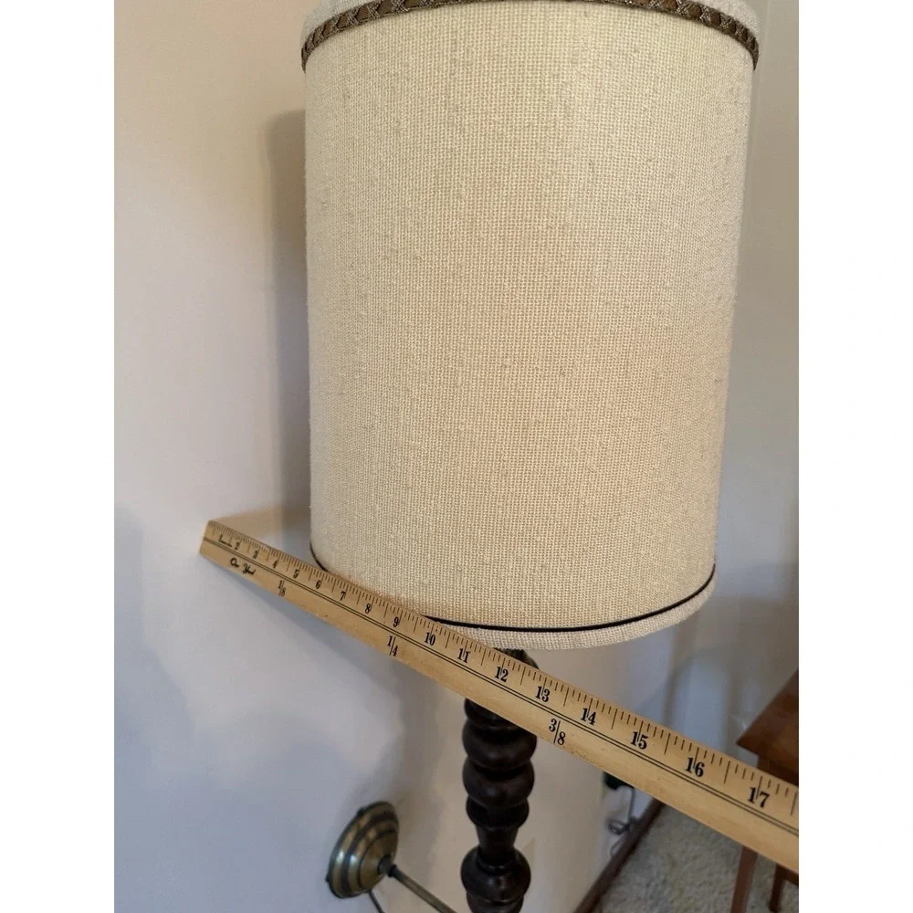 Vintage Roman Column Wall Sconce Lamp Wood Brass Org Linen Shade MCM Style